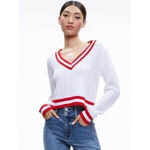 Alice + Olivia Marika Soft White/Perfect Ruby Cable Knit Wool Pullover Small